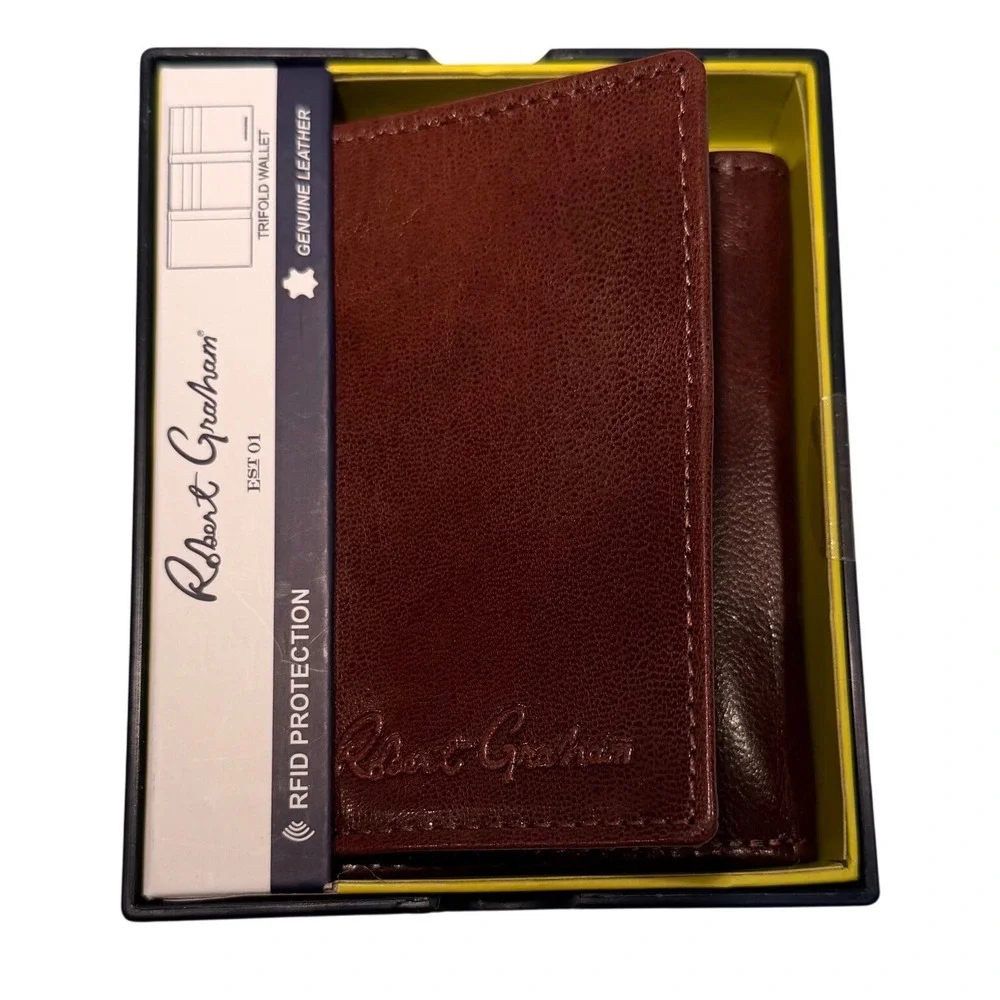 Robert Graham Mens NEW Genuine Leather Tri-Fold Wallet Brown RFID Blocking Boxed